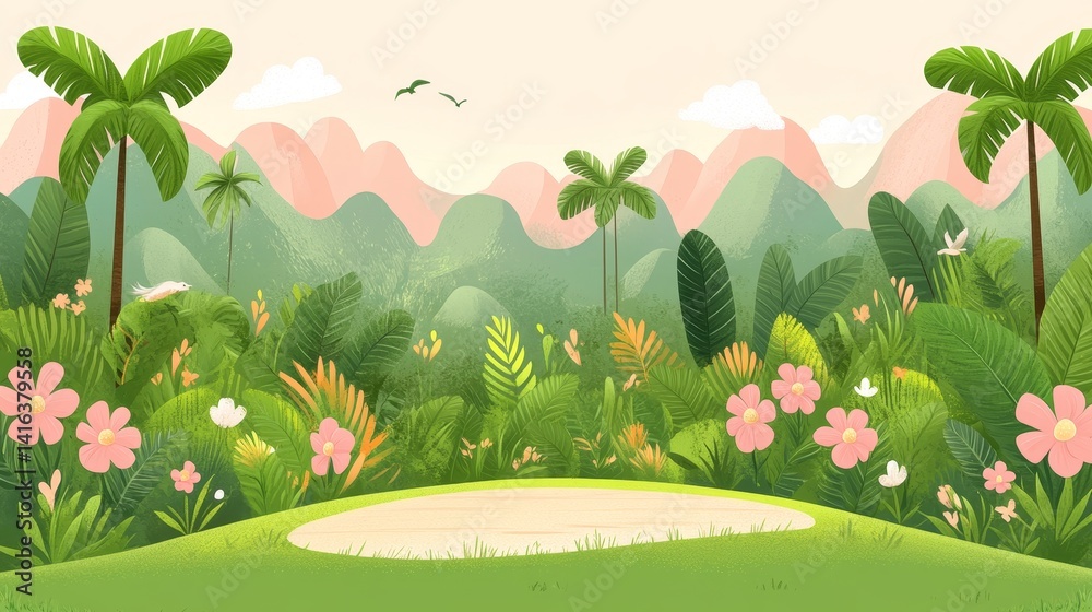 Fototapeta premium Enchantingpixelatedlandscapefeaturinglushvegetationtropicaltreesandmountainscreatingatrulyimmersiveandvisuallycaptivatinggamingbackdrop experience