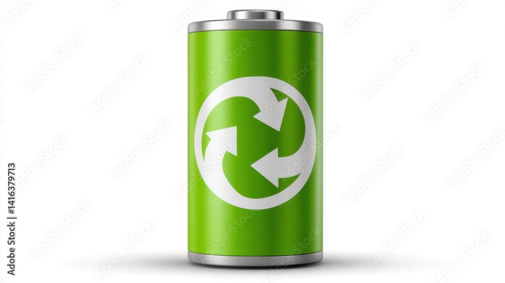 Green Battery with Recycling Symbol on White Background