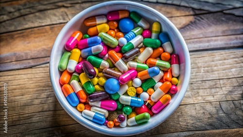 White bowl brimming with colorful pills and capsules, symbolizing medicine use and pharmaceuticals