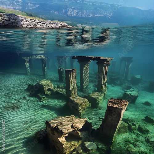 Underwater ruins, ancient columns, lake, mountains photo