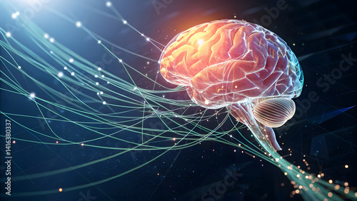 A glowing, geometric brain with data streams flowing around it.