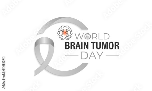 World Brain Tumor Day is observed annually on June 8. Educate the public  Learn About The Risk Factors  Brain Tumor and neurological disorders. Head with brain and Realistic ribbon. Vector of banner.