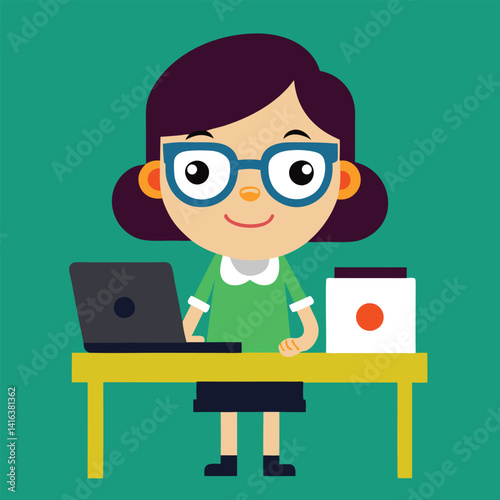 geek girl using laptop on table, Girl with a laptop
vector illustration