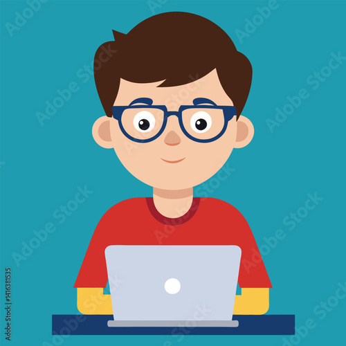 geek boy using laptop on table, Online gamer man character sitting at table, flat vector illustration
