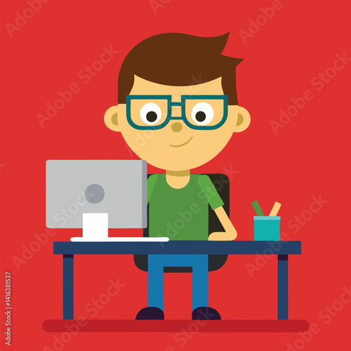 geek boy using laptop on table, Online gamer man character sitting at table, flat vector illustration