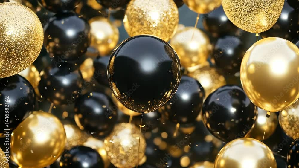Black and gold glossy balloons filled with glitter floating closely together in a festive setting, symbolizing luxury and celebration Black and gold glossy balloons filled with glitter floating closely together in a festive setting, symbolizing luxury and celebration
