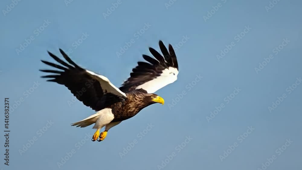 Steller's Sea Eagle in flight against a clear sky. Suitable for nature, wildlife, or bird photography stock Steller's Sea Eagle in flight against a clear sky. Suitable for nature, wildlife, or bird photography stock