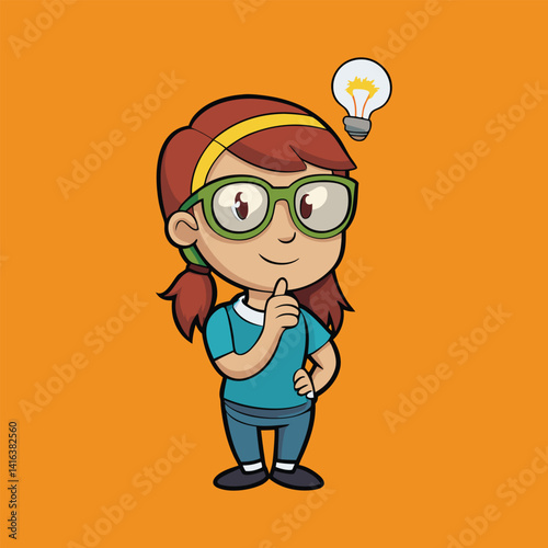 geek girl thinking creative idea,  funny young girl with idea lightbulb