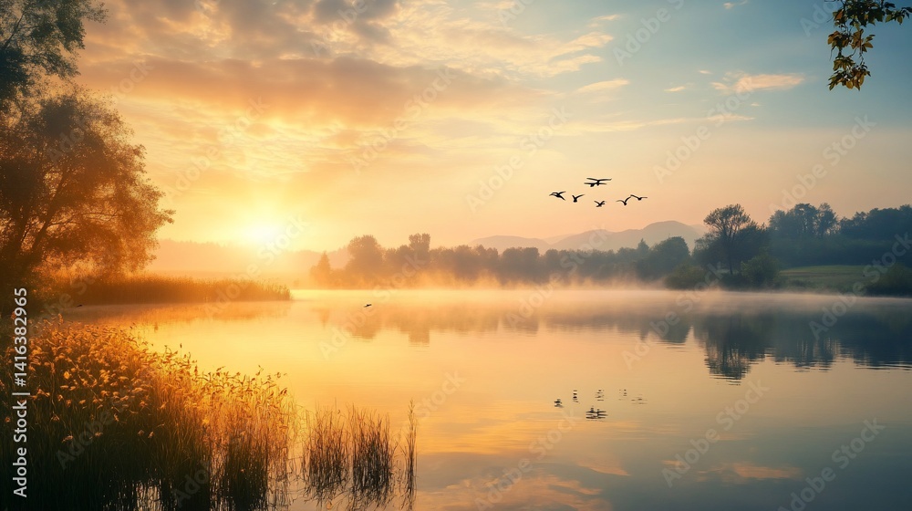 Fototapeta premium Picturesque dawn over lake and forest with golden light and birds in flight creating a tranquil and serene natural landscape scene