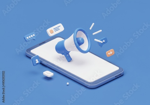 Wallpaper Mural A phone with a megaphone and social media icons floating around it on a blue background render style Torontodigital.ca