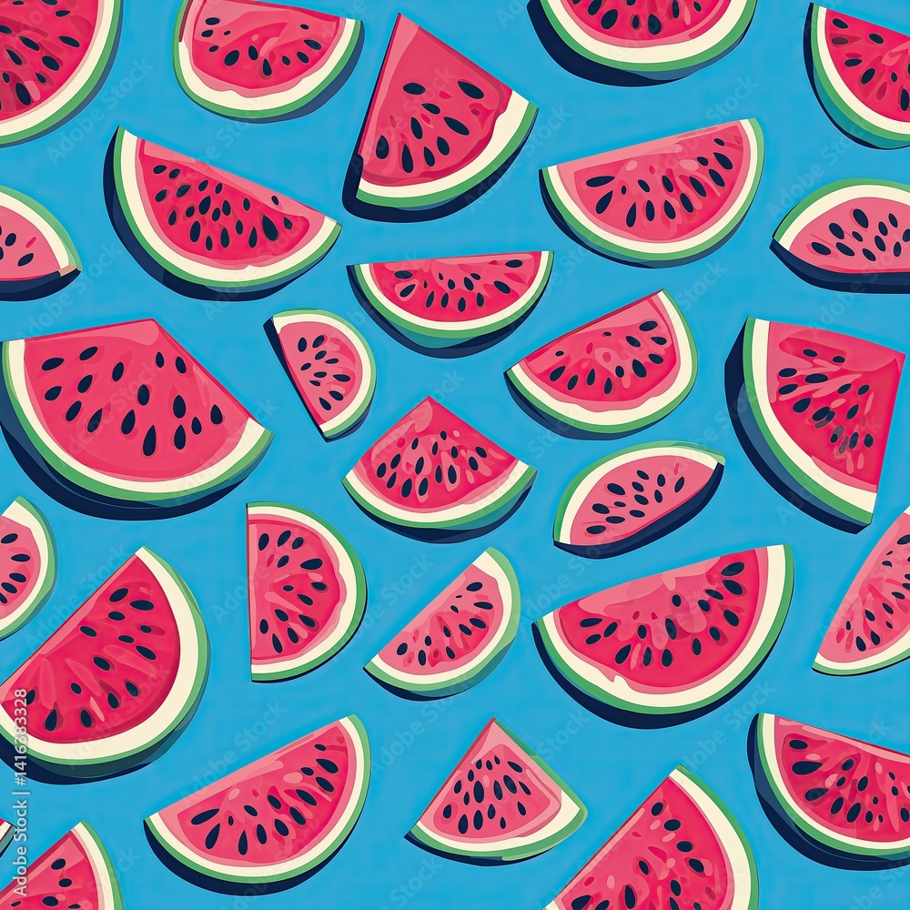 Fototapeta premium Watermelon Slice Pattern Background, Fun Healthy Food and Fruit Wallpaper, Bright Vibrant Agriculture Garden Summer Spring Backdrop