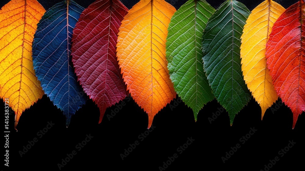 Fototapeta premium Vibrant autumn leaves in a spectrum of colors against a black backdrop. Each leaf displays a rich hue, from vibrant reds and oranges to yellows and greens, creating a visually striking image