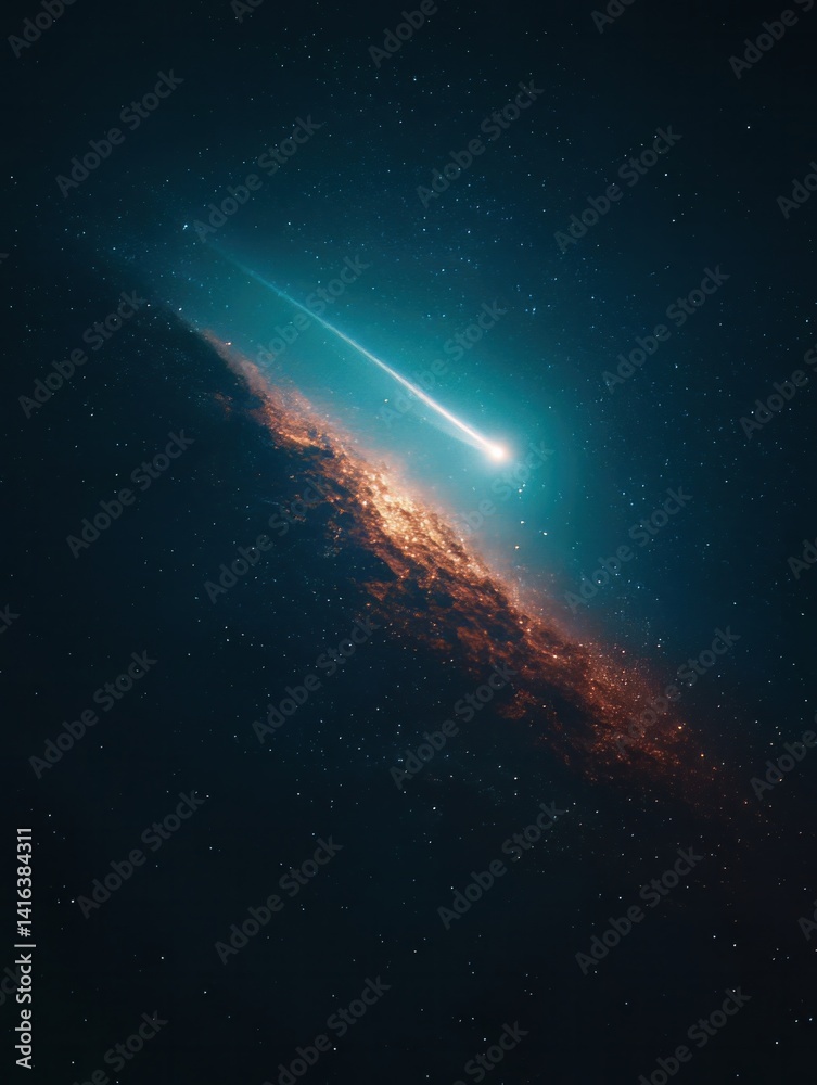 Obraz premium Dreamy Comet Crossing a Quiet Galaxy: A Minimalist and Serene Cosmic Scene