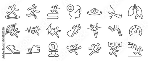 Mindful running icon set. It includes meditation, focus, mindfulness, physical, deep, and more icons. Editable Vector Stroke.