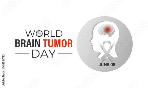 World Brain Tumor Day is observed annually on June 8. Educate the public  Learn About The Risk Factors  Brain Tumor and neurological disorders. Head with brain and Realistic ribbon. Vector of banner.