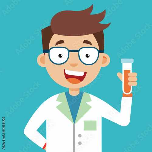 a young handsome Scientist student professor Holding a Test tube, Funny cartoon vector illustration