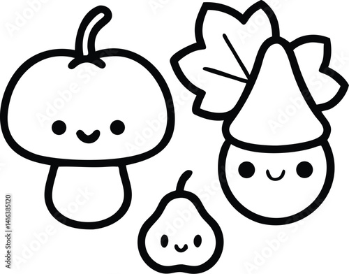 Whimsical Cartoon Drawing of Smiling Mushroom, Acorn, and Pear – Minimalist Nature-Inspired Sketch Illustration with Playful Expressions, Perfect for Kawaii Design, Children’s Art, and Organic-Themed 