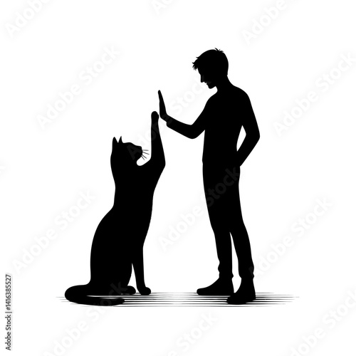 Black silhouette vector of a cat and human high-fiving each other on white background