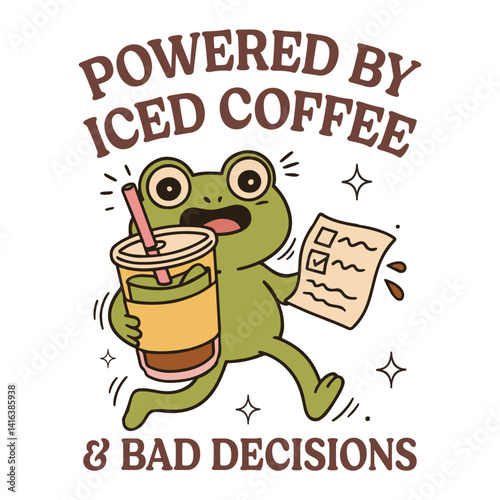  Powered By Iced Coffee & Bad Decisions - Cute Funny animal T-shirt Design vector, Trending T-shirt Design Sublimation, Kawaii animal quotes Typography Shirt