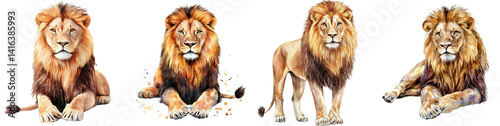 Four Watercolor Lions Sitting and Standing Poses, Isolated on Transparent Background, African wildlife, watercolor painting, lion clipart