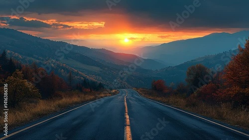 Autumn sunset highway through mountains.  Possible use Stock photo for travel, adventure, or nature themes