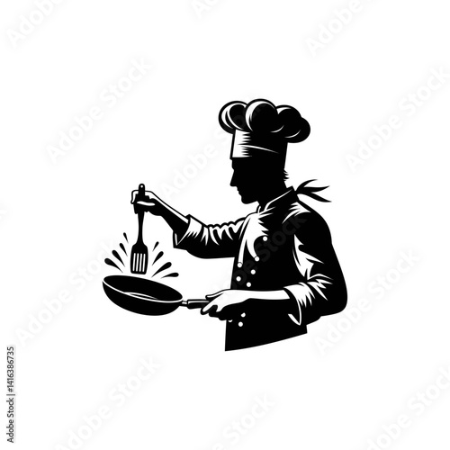 Black silhouette vector of a chef cooking with frying pan on white background