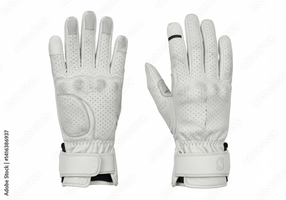 Obraz premium A pair of white leather gloves with perforated design and black ring on finger isolated on white background