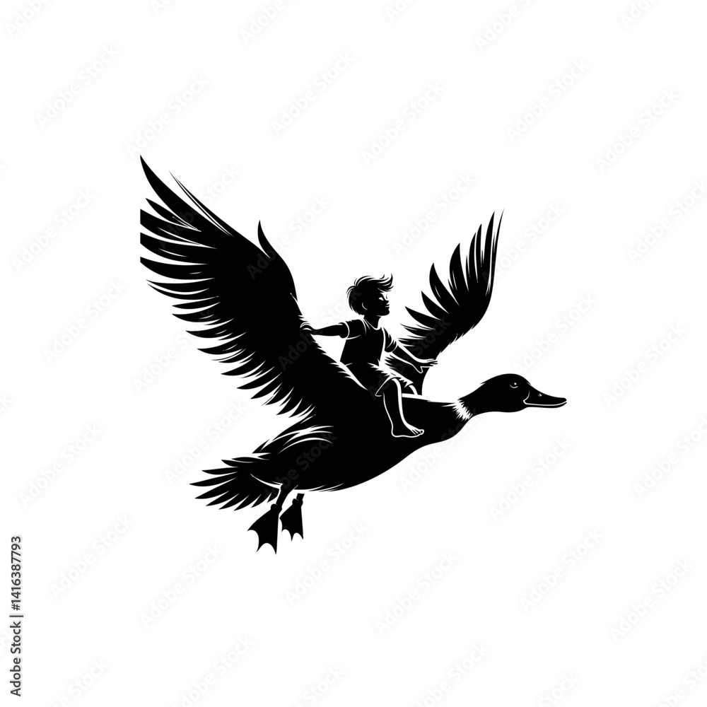 Fototapeta premium Black silhouette vector of a child riding a giant duck with wings spread on white background