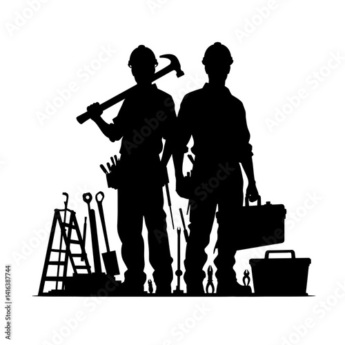 Black silhouette vector of a construction worker with helmet and tools on white background
