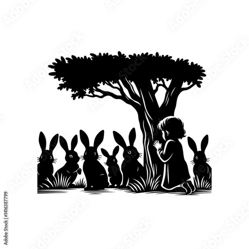 Black silhouette vector of a child playing hide and seek with a group of rabbits on white background 