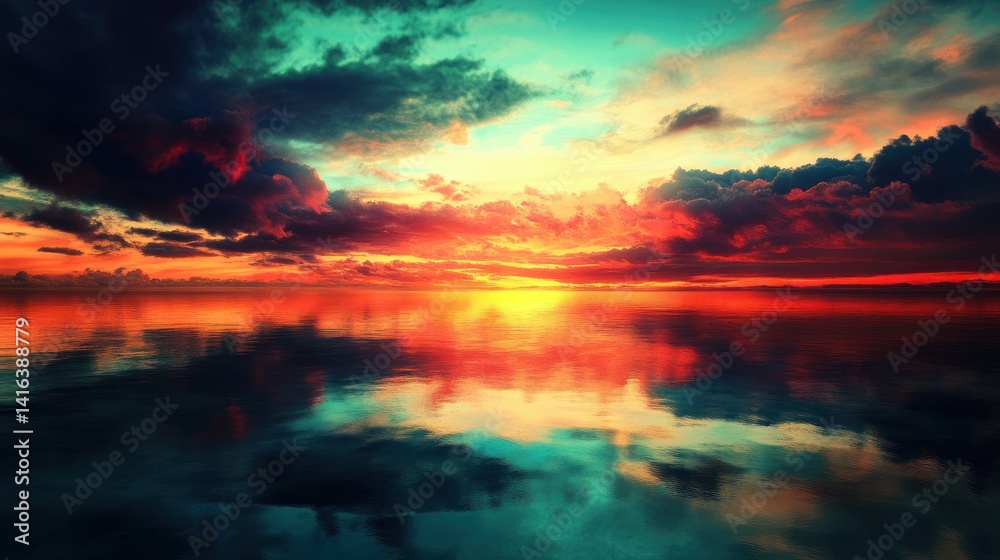 Fototapeta premium Dramatic Sunset Reflection on Calm Water