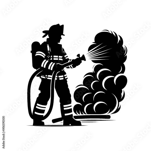 Black silhouette vector of a firefighter holding hose on white background