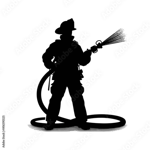 Black silhouette vector of a firefighter holding hose on white background