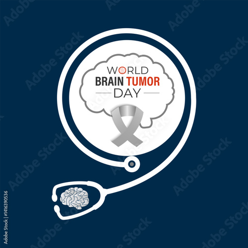 World Brain Tumor Day is observed annually on June 8. Educate the public  Learn About The Risk Factors  Brain Tumor and neurological disorders. Head with brain and Realistic ribbon. Vector of banner.