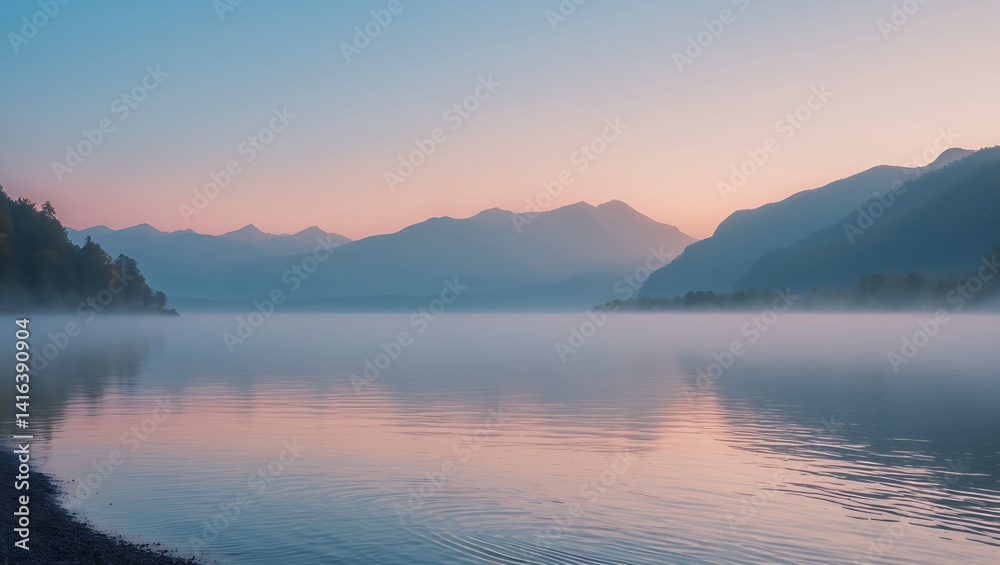 Fototapeta premium Mountain Lake at Sunrise with Fog and Reflections