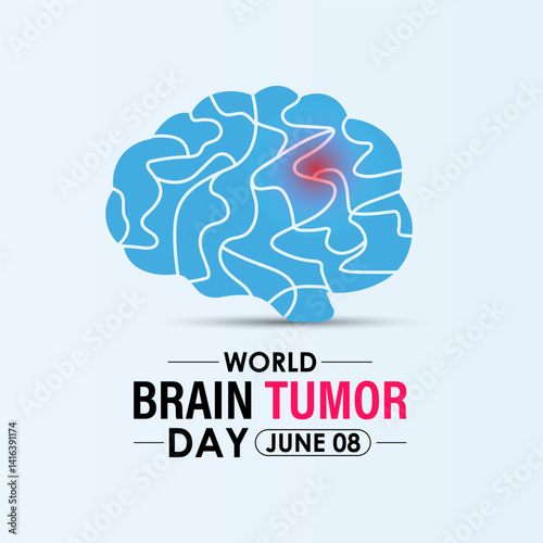 World Brain Tumor Day is observed annually on June 8. Educate the public  Learn About The Risk Factors  Brain Tumor and neurological disorders. Head with brain and Realistic ribbon. Vector of banner.