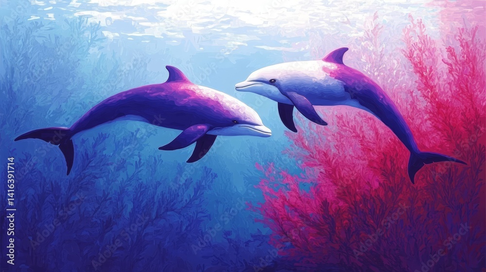 Fototapeta premium Colorful dolphins glide through vibrant coral reefs an artistic exploration of marine life harmony and imagination creating playful underwater pixelated ecosystem
