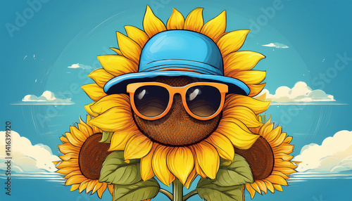 Cheerful sunflower wearing sunglasses and colorful summer hat under clear blue sky.
Generated image