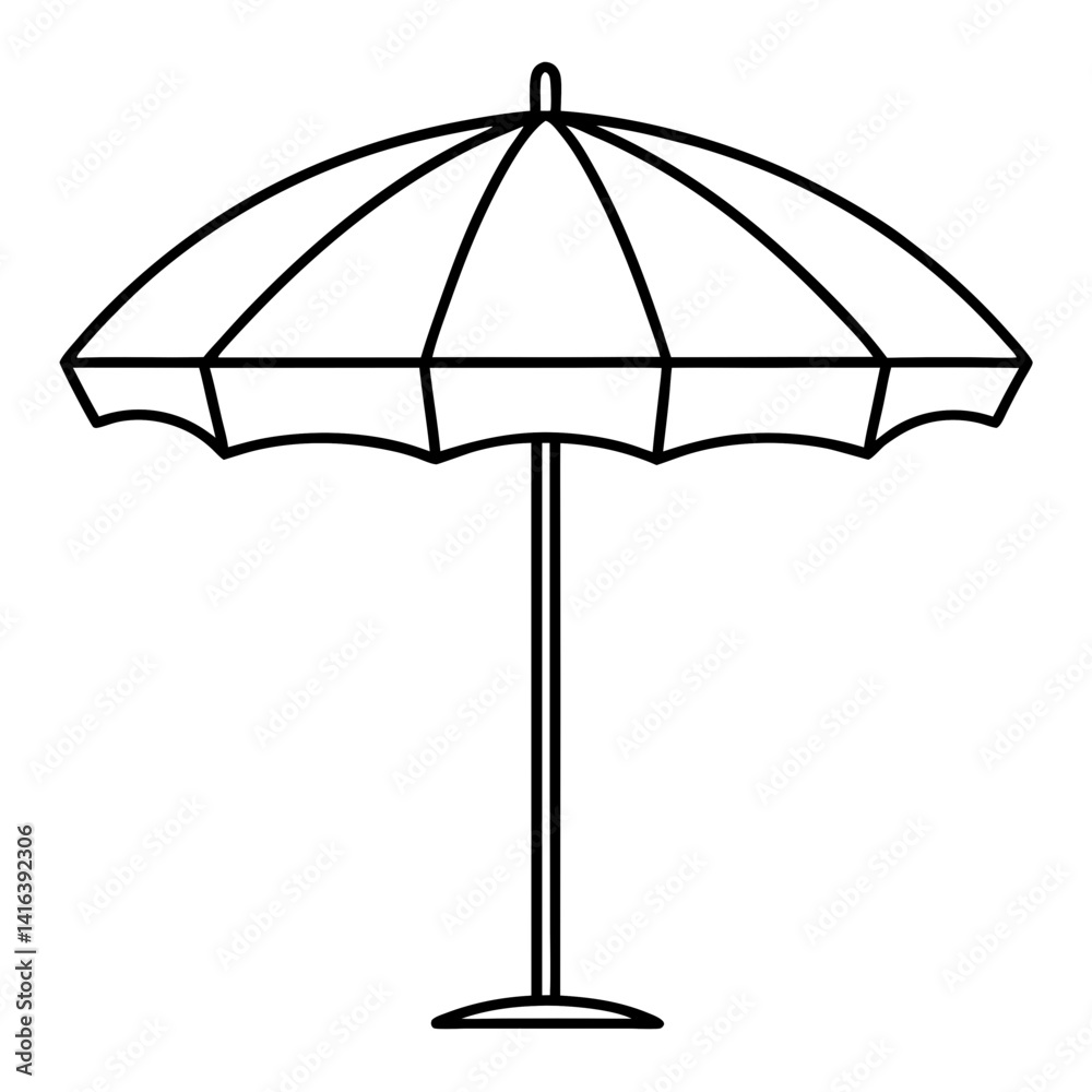 Line art vector silhouette of a beach umbrella, with the canopy and pole outlined simply Line art vector silhouette of a beach umbrella, with the canopy and pole outlined simply