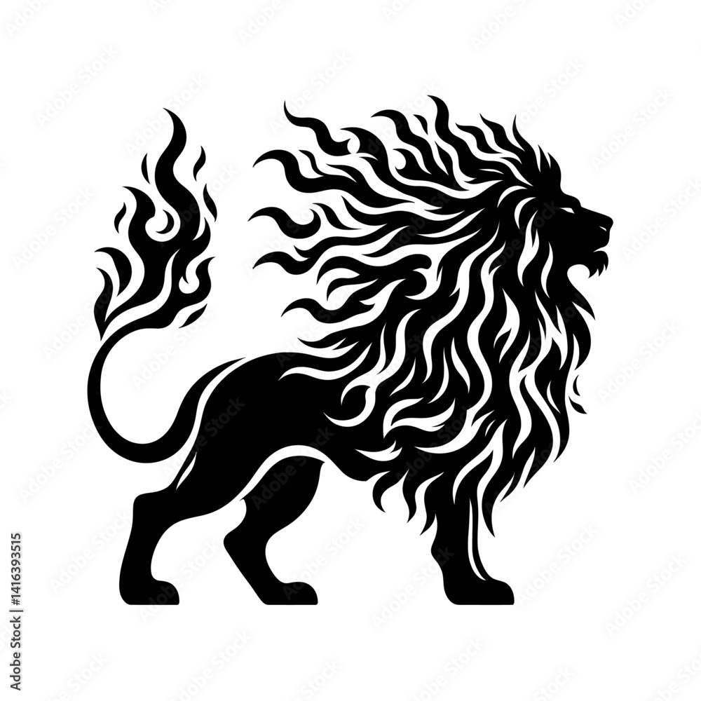 Fototapeta premium Black silhouette vector of a lion with a mane made of flames on white background