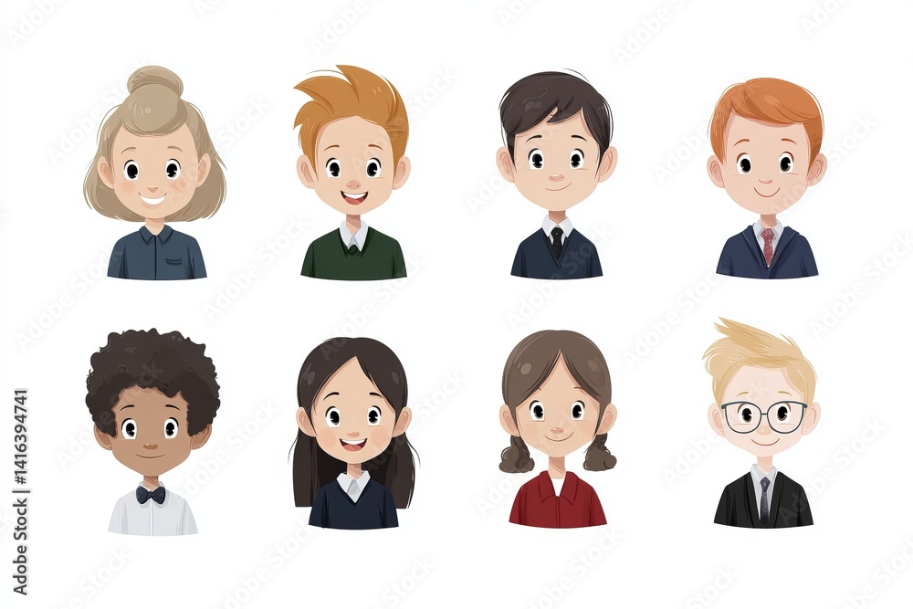 Icon Avatar Set of Children with Various Hairstyles and School Uniforms on a Clean, White Background Icon Avatar Set of Children with Various Hairstyles and School Uniforms on a Clean, White Background