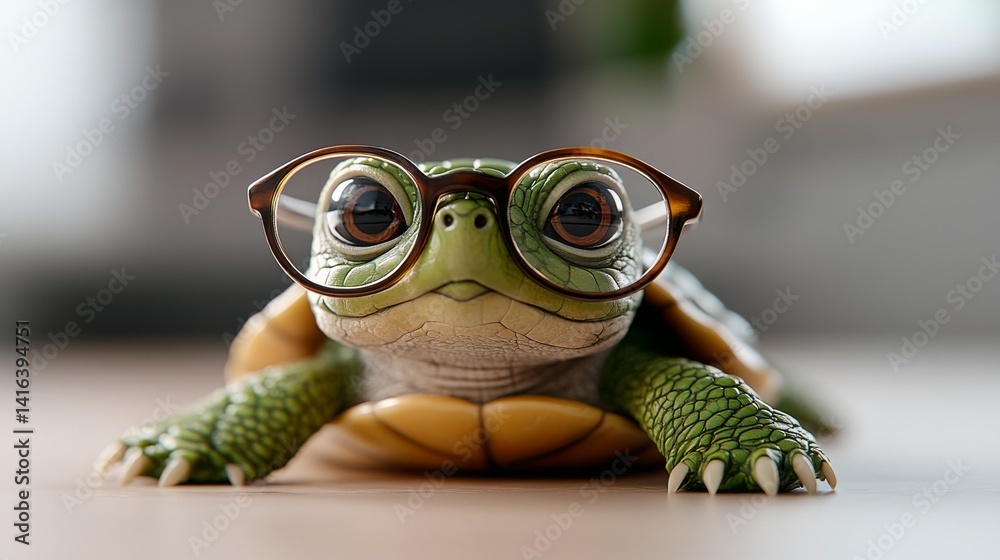 cute little green turtle with round glasses, with big eyes peeking over the glasses. cute little green turtle with round glasses, with big eyes peeking over the glasses.