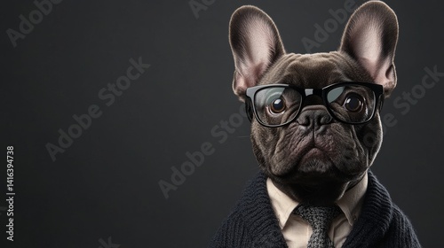 French bulldog in trendy jacket, tie, and glasses. background is neutral, creating wide banner with clean space on right for text