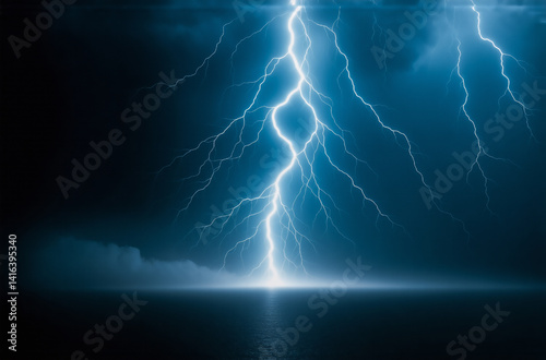 A powerful lightning bolt strikes the ocean during a dramatic nighttime thunderstorm.  The bright blue flash illuminates the dark sea and stormy clouds.