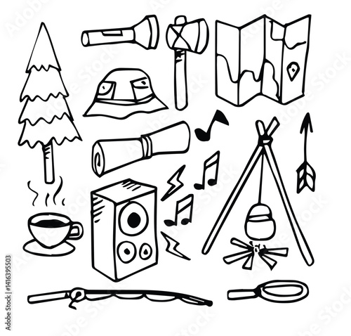 Camping outdoor doodle set. Hand drawn hiking illustration. Wild adventure equipment. Navigation and camp cartoon simple vector collection