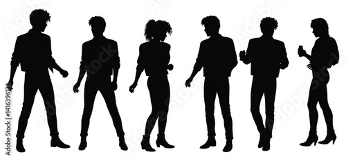  80s dancing people set silhouettes with a white background