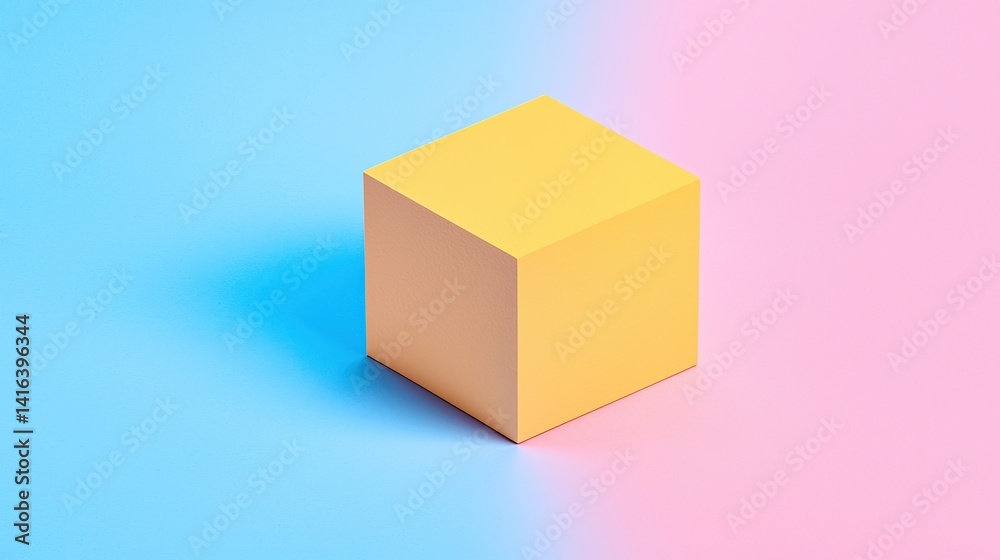 A bright yellow cube stands centered between soft blue and pink backgrounds, creating a vibrant, minimalistic visual composition. A bright yellow cube stands centered between soft blue and pink backgrounds, creating a vibrant, minimalistic visual composition.