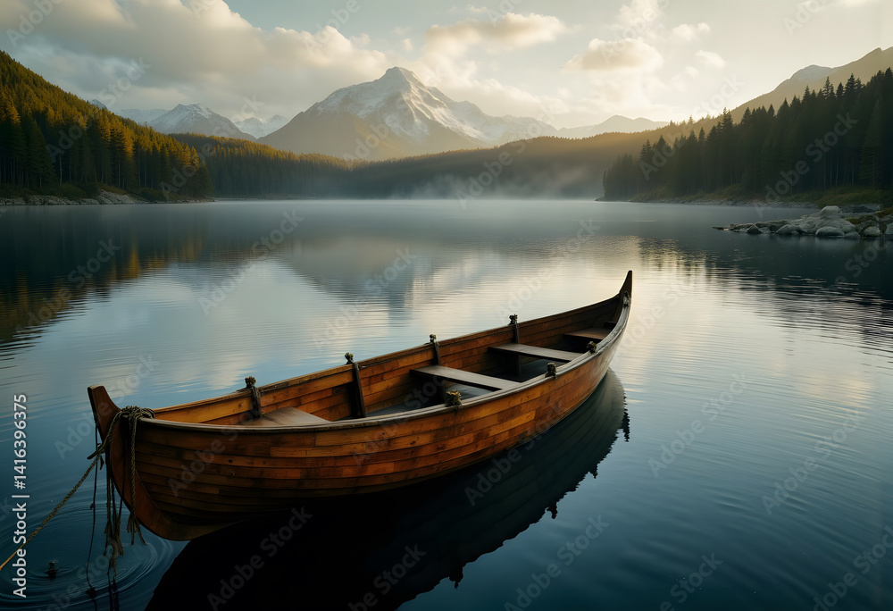 A boat floats on calm water, with a majestic mountain rising in the background under a clear blue sky. A boat floats on calm water, with a majestic mountain rising in the background under a clear blue sky.