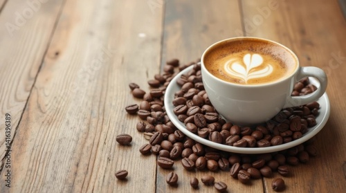 cup of coffee with beans, a cup of latte coffee on a wooden table with coffee beans next to the cup to advertise a coffee shop or restaurant