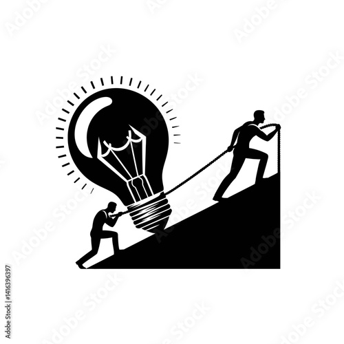 Black silhouette vector of a person pulling a giant light bulb uphill on white background